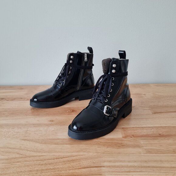 All Saints Donita Black Glossy Leather Lace Up Strappy Combat Ankle Boot US 10 - Picture 1 of 7